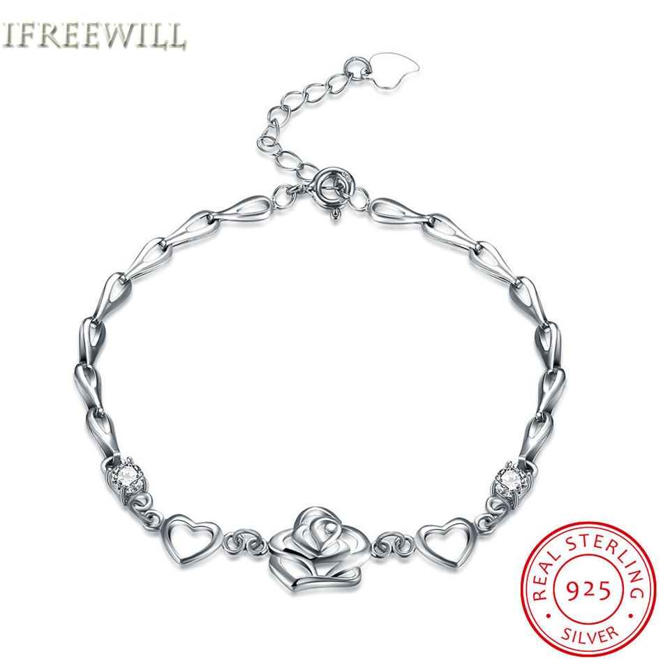 925 Silver Heart with rose Bracelet for woman Romantic Hand Decorate European Fine Jewelry girl friend gift