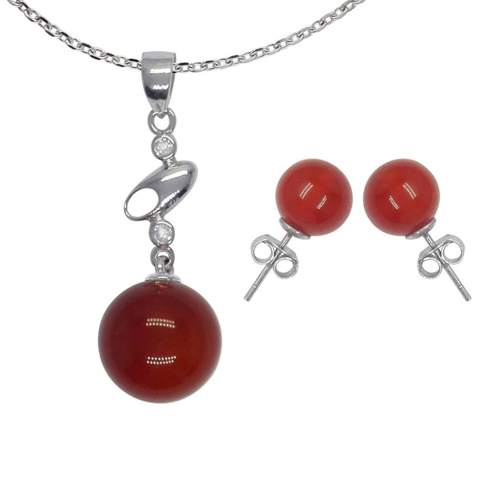 925 Silver Jewelry Sets 100% Real 925 Sterling Silver Jewelry With 10mm Red Agate Bead Stone