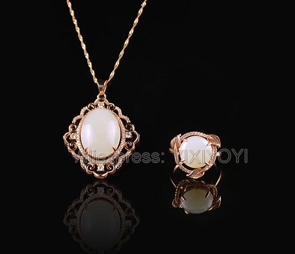 925 Silver Natural White HeTian Jade Beads Inl Gem Stone Hollow Lucky Pendant Necklace Ring Fine Jewelry Set Girl's Gift