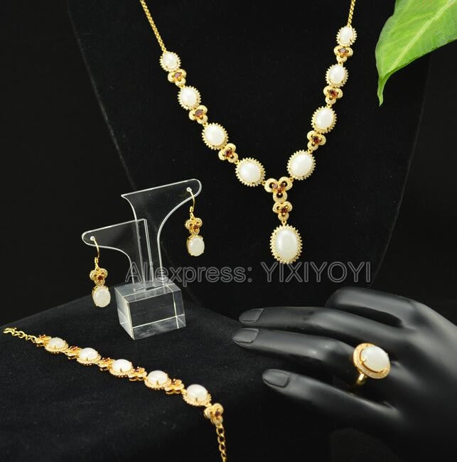 925 Silver Natural White HeTian Jade Beads Inl Gem Stone Lucky Pendant Necklace Bracelet Earring Ring Fine Woman's Jewelry Set