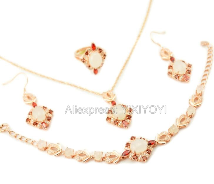 925 Silver Natural White HeTian Jade Beads Inl Gem Stone Lucky Pendant Necklace Bracelet Earring Ring Fine Woman's Jewelry Set