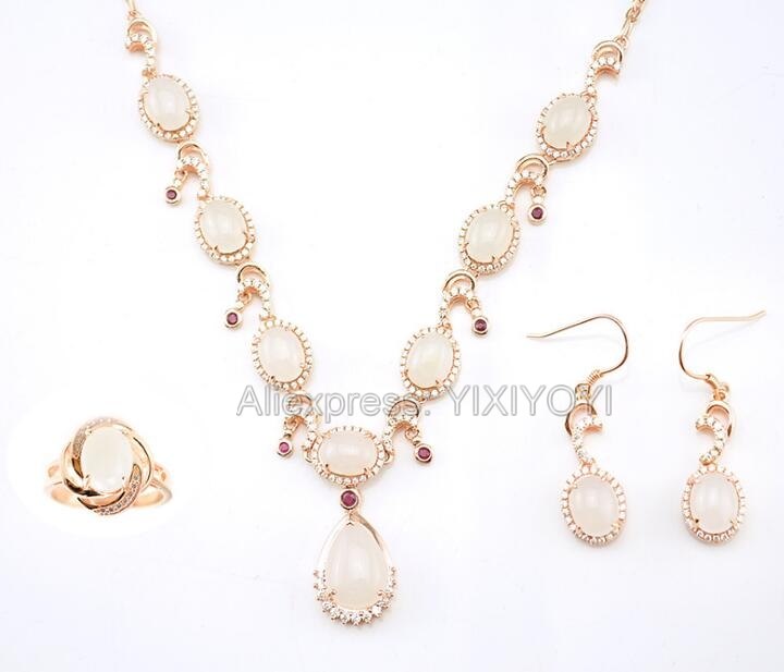 925 Silver Natural White HeTian Jade Beads Inl Gem Stone Lucky Pendant Necklace Earring Ring Fine Jewelry Set Girl's Gift