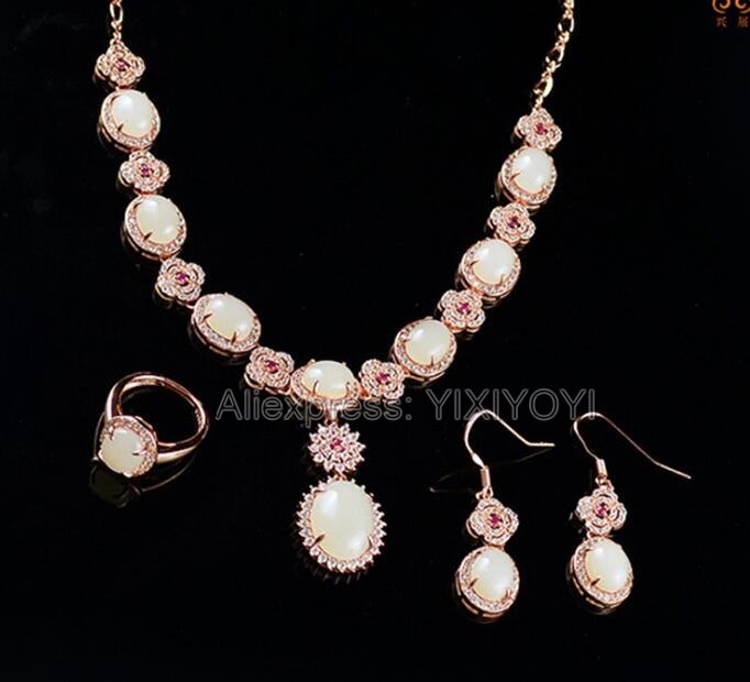 925 Silver Natural White HeTian Jade Beads Inl Gem Stone Lucky Pendant Necklace Earring Ring Fine Woman's Jewelry Set Gift