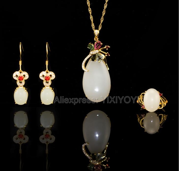 925 Silver Natural White White HeTian Jade Beads Inl Elegant Dangle Lucky Pendant Necklace Earring Ring Fine Jewelry Set
