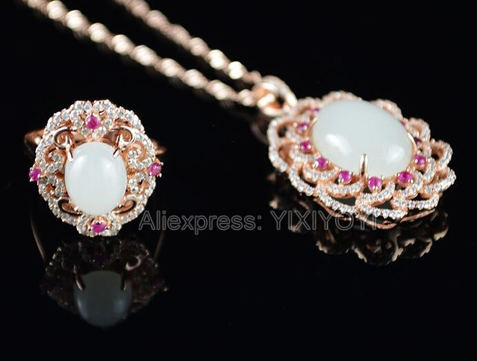 925 Silver Natural White White HeTian Jade Beads Inl Flower Dangle Lucky Pendant Necklace Ring Elegant Woman's Jewelry Set