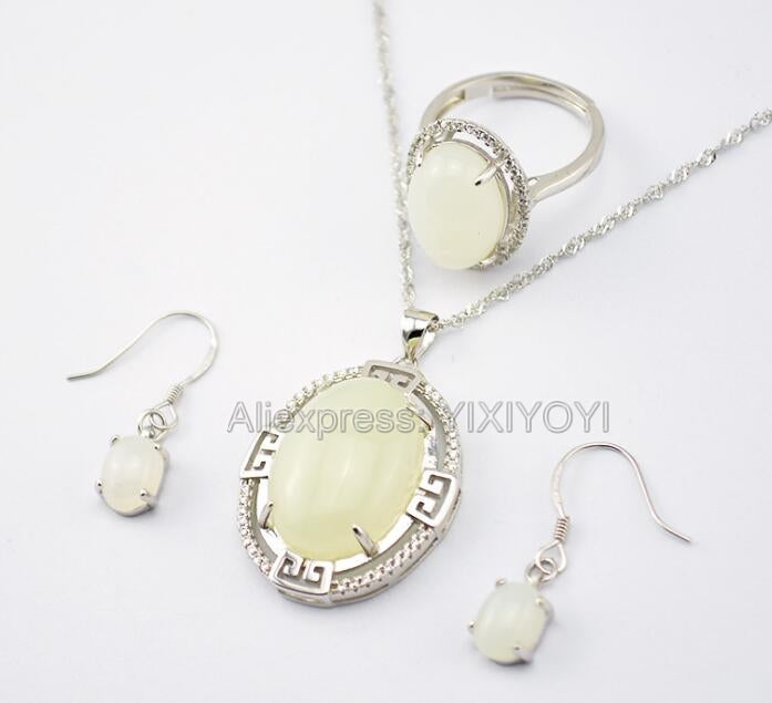 925 Silver Natural White White HeTian Jade Beads Inl Round Dangle Lucky Pendant Necklace Earring Ring Woman's Fine Jewelry Set