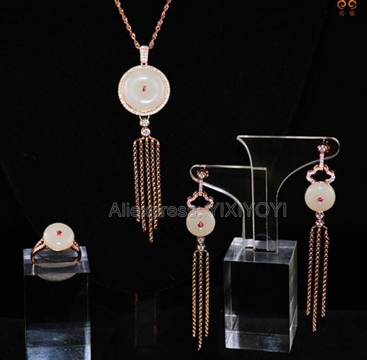 925 Silver Natural White White HeTian Jade Round Buckle Inl Tassel Dangle Lucky Pendant Necklace Earring Ring Jewelry Set