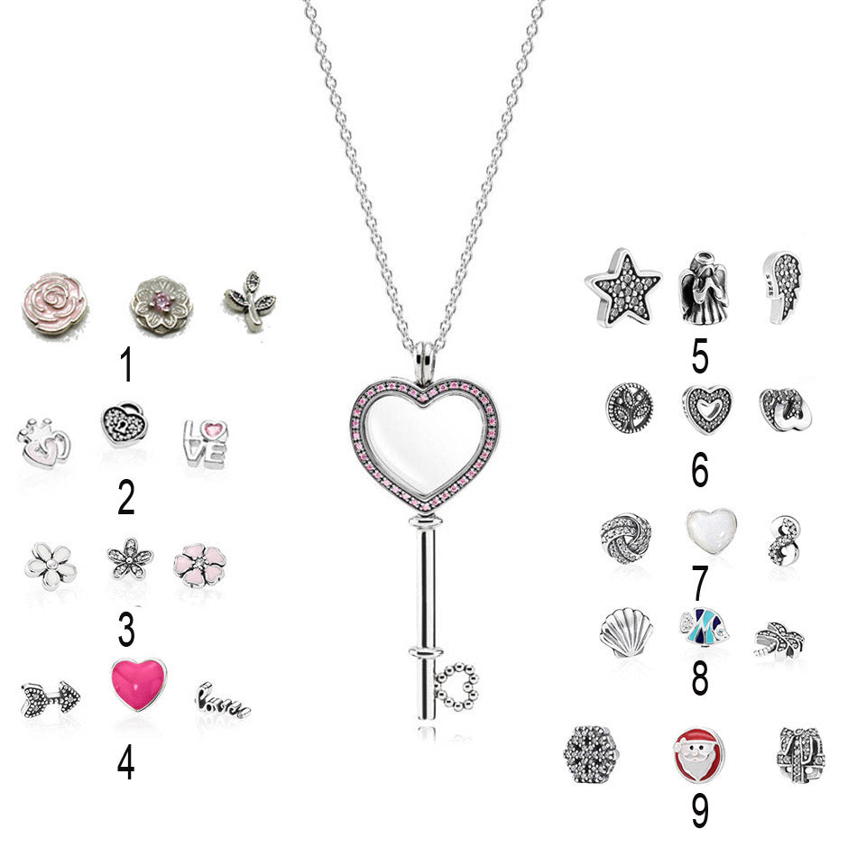 925 Silver Necklace for Women Sparkling Pink Heart Key Locket Necklace Large Size Pave CZ fit Lady fine Jewelry