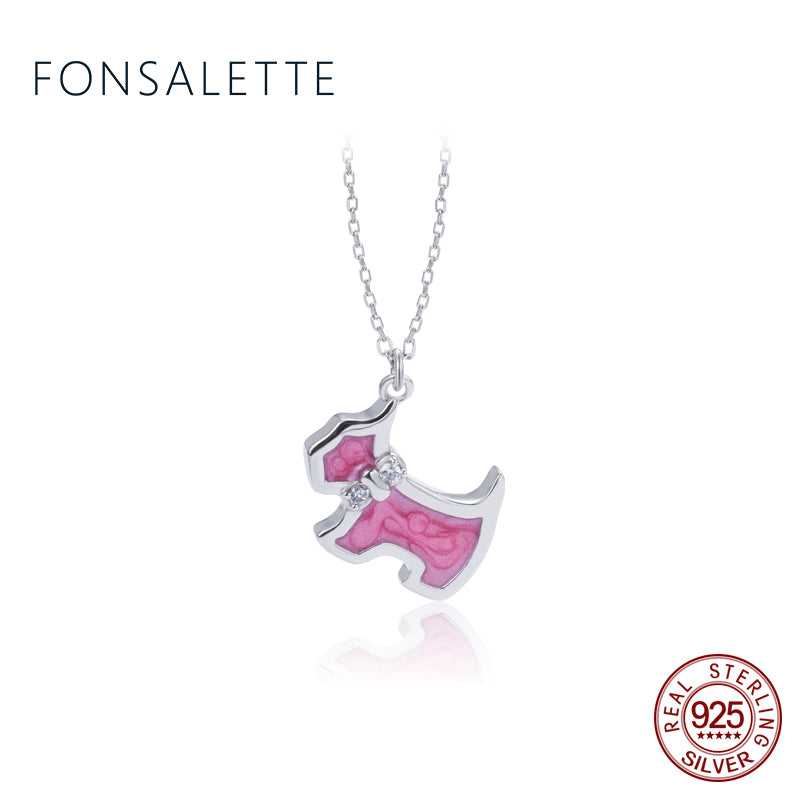 925 Silver Necklaces Brand Statement Pink Dog Doggie Necklace Collar Pendant Enamel Animal Jewelry Women Chistmas Gift zk40