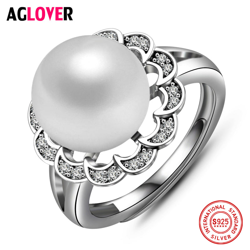 925 Silver Ring 10mm Natural Pearl Charm Women Open 100% Sterling Silver Ring Female Jewelry