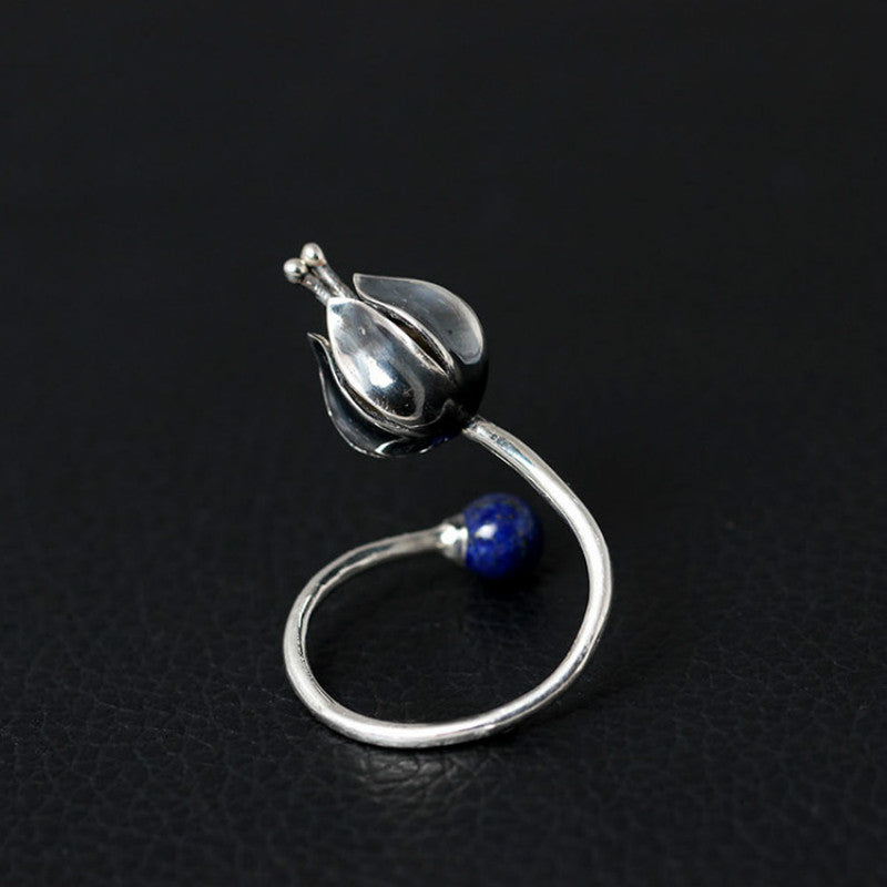 925 Silver Rings for Women Original Design Inlaid Lapis Lazuli Flower Opening Ring Female Antique Ring Fine Jewelry
