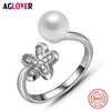 925 Silver Romantic Flower Ring Woman Fashion Charm 6mm Natural Pearl Inlaid AAA Crystal Ring Silver Female Jewelry