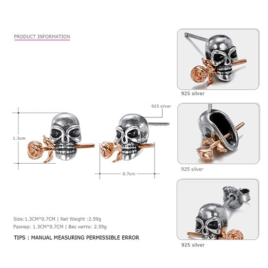 925 Silver Skeleton Earrings Punk Style Rose Stud Earrings Fashion Rock Retro Style Wholesale Party Best Gift You Me