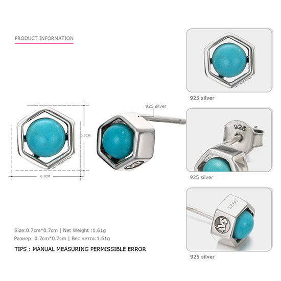 925 Silver Turquoise Stud Earrings Turquoise Party Elegant Trendy Green Earring Women Fine Jewelry Simple Earring You Me