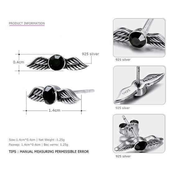 925 Silver Wing Earrings Zircon Black Stud Earrings Simple Earrings Party Punk Style Fashion For Women Wholesale You Me