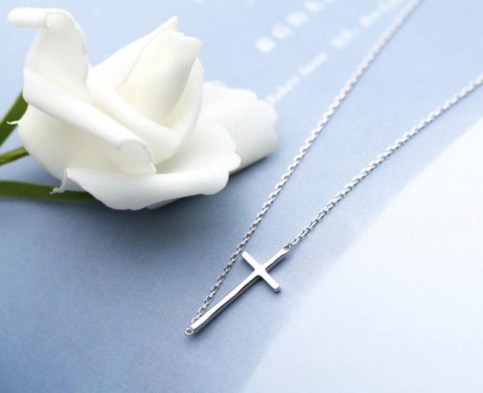 925 Solid Sterling Silver Simple Plain Sideways Cross Pendant Necklace Men Women A2088