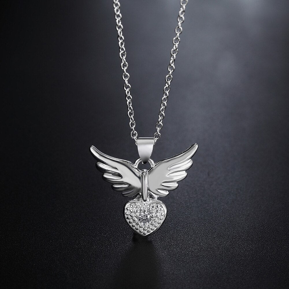 925 Stamp Silver Color 18 Inches Angel Wing Heart  Womans Zircon Necklaces & Pendants Link Chain Party Girl Jewelry