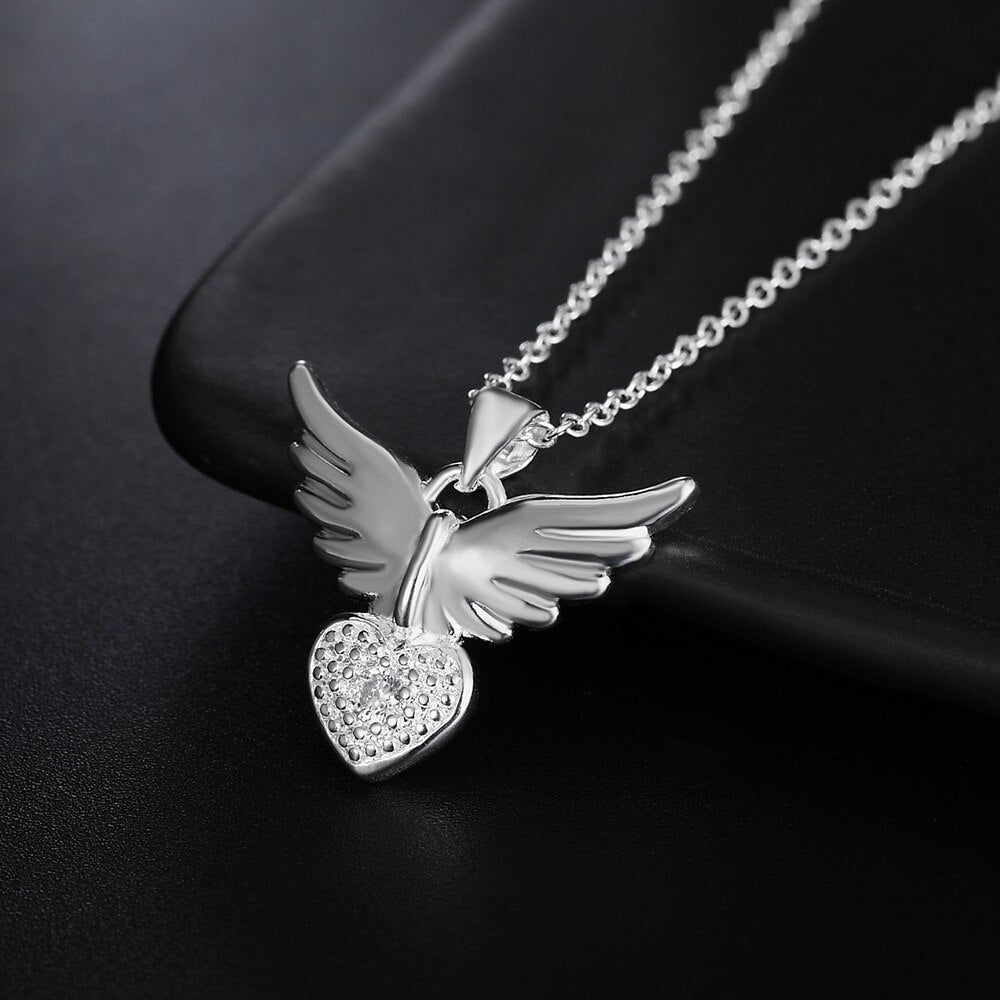 925 Stamp Silver Color 18 Inches Angel Wing Heart  Womans Zircon Necklaces &amp; Pendants Link Chain Party Girl Jewelry
