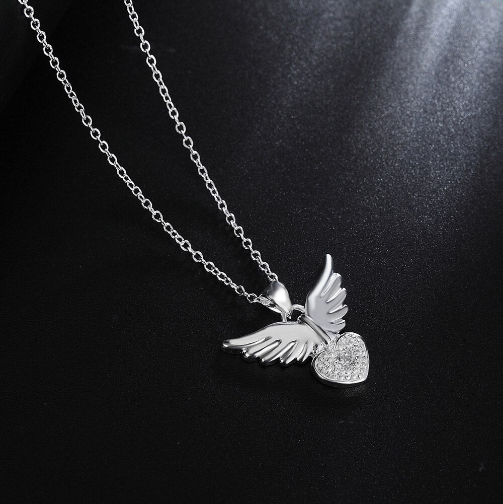 925 Stamp Silver Color 18 Inches Angel Wing Heart  Womans Zircon Necklaces &amp; Pendants Link Chain Party Girl Jewelry