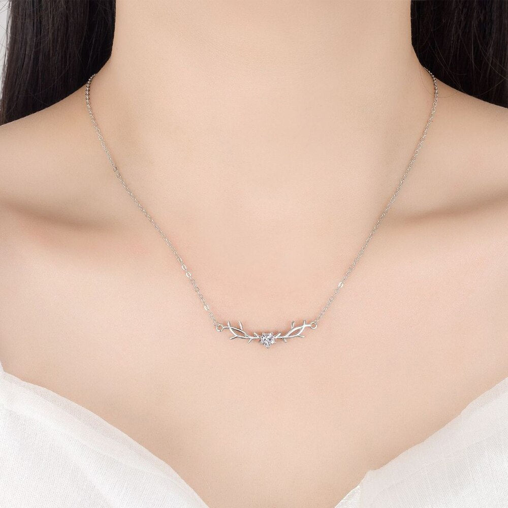 925 Stamp Silver Color Antlers Crystals Necklaces For Women 45cm Korean Chain Wedding Fine Jewelry Gift Female Trend