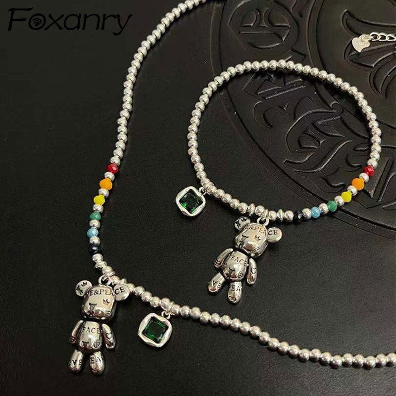 925 Stamp Silver Color Bear Bead Chain Bracelets Necklace Jewelry Sets For Women Wedding  Juwellery Set Female Accessories