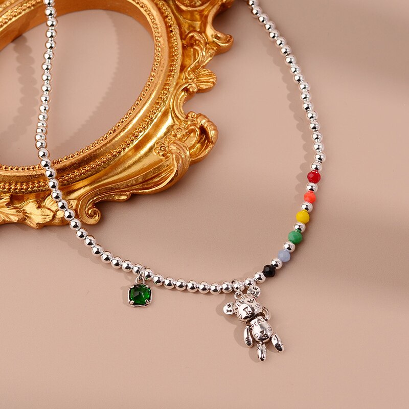 925 Stamp Silver Color Bear Bead Chain Bracelets Necklace Jewelry Sets For Women Wedding  Juwellery Set Female Accessories