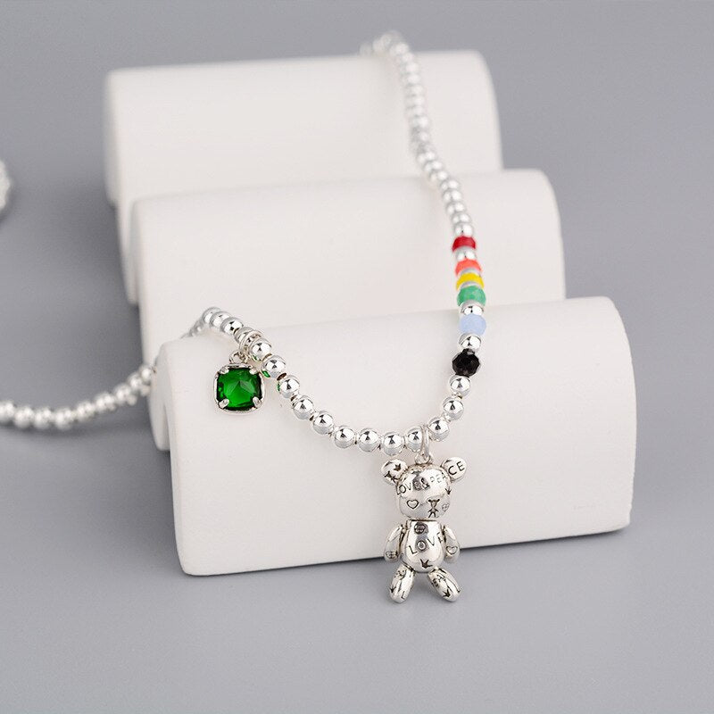 925 Stamp Silver Color Bear Bead Chain Bracelets Necklace Jewelry Sets For Women Wedding  Juwellery Set Female Accessories
