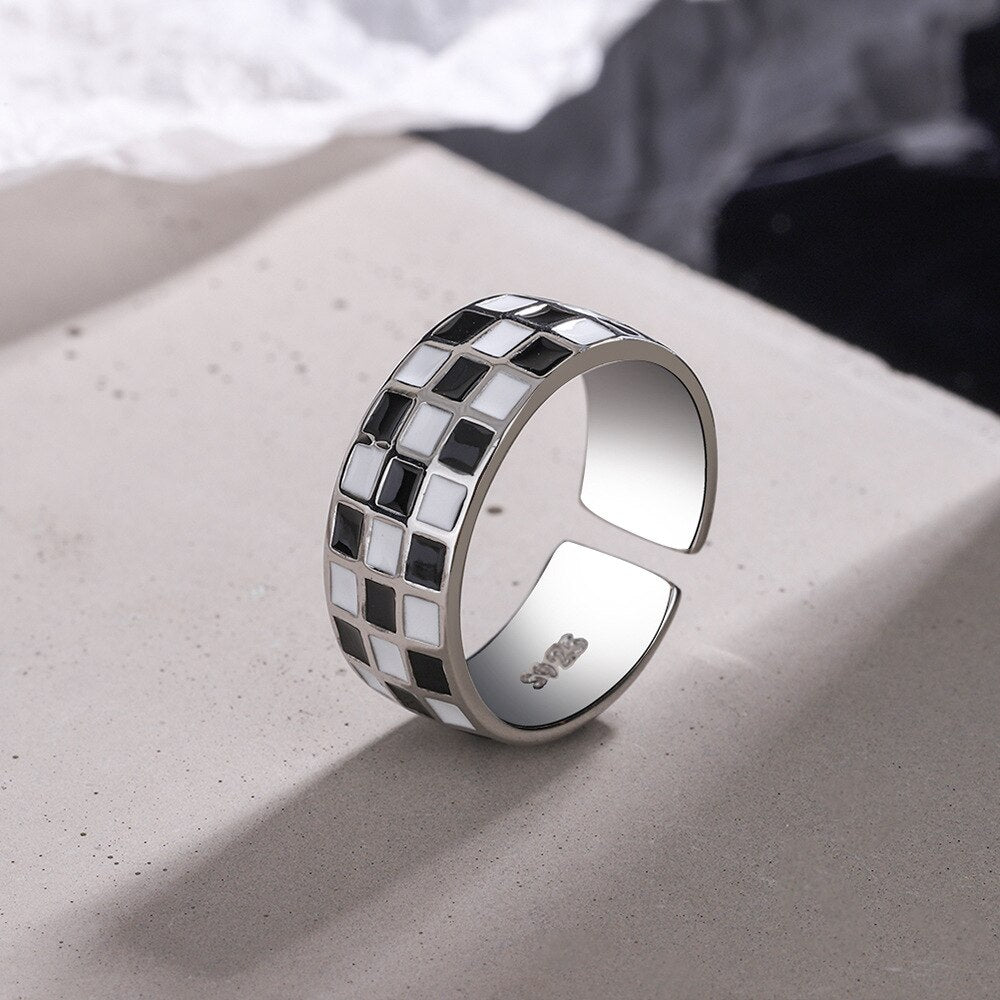 925 Stamp Silver Color Black White Lattice Rings For Women 2022 Geometric Ring Party  Quality Jewelry GaaBou