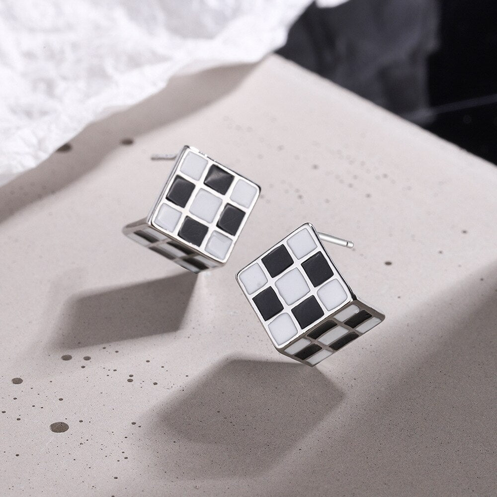 925 Stamp Silver Color Black White Lattice Square Stud Earrings For Women Wedding Party  Jewelry  GaaBou