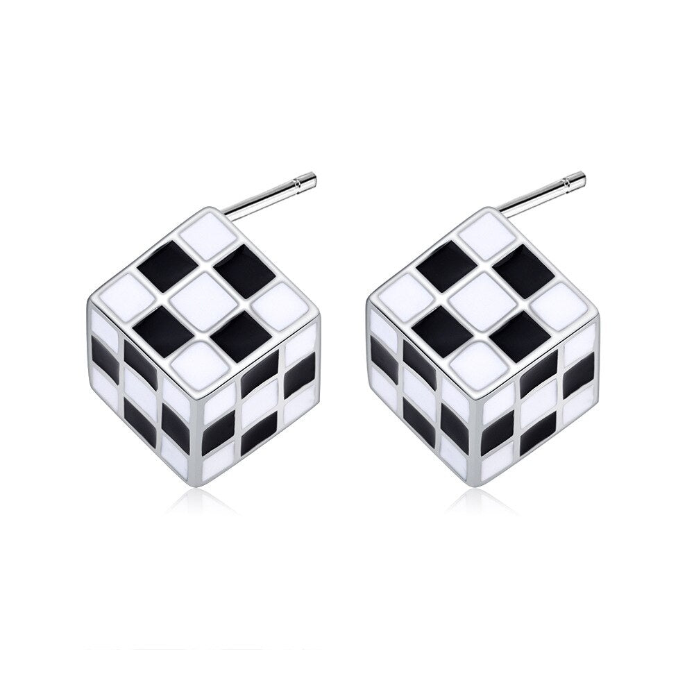 925 Stamp Silver Color Black White Lattice Square Stud Earrings For Women Wedding Party  Jewelry  GaaBou