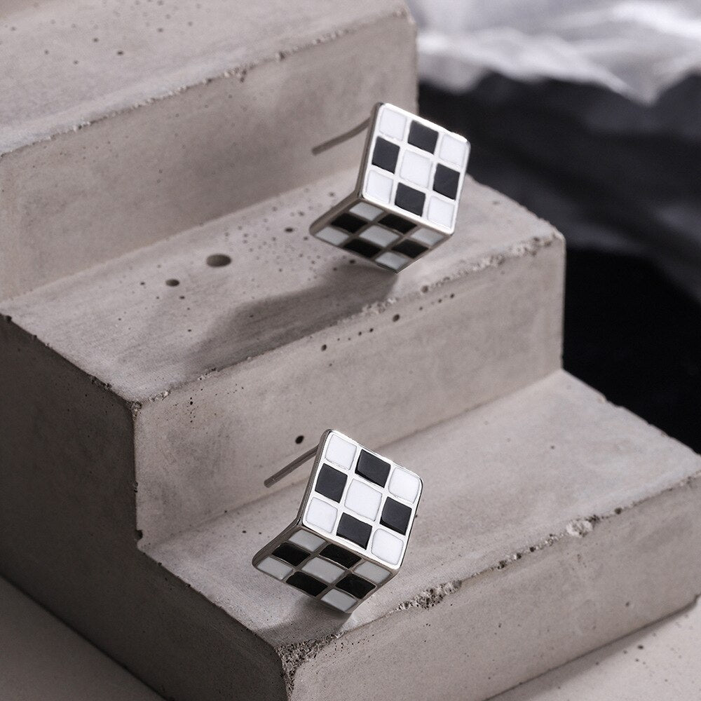 925 Stamp Silver Color Black White Lattice Square Stud Earrings For Women Wedding Party  Jewelry  GaaBou