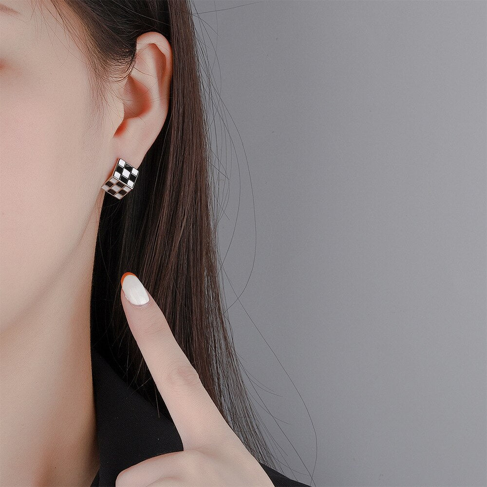 925 Stamp Silver Color Black White Lattice Square Stud Earrings For Women Wedding Party  Jewelry  GaaBou