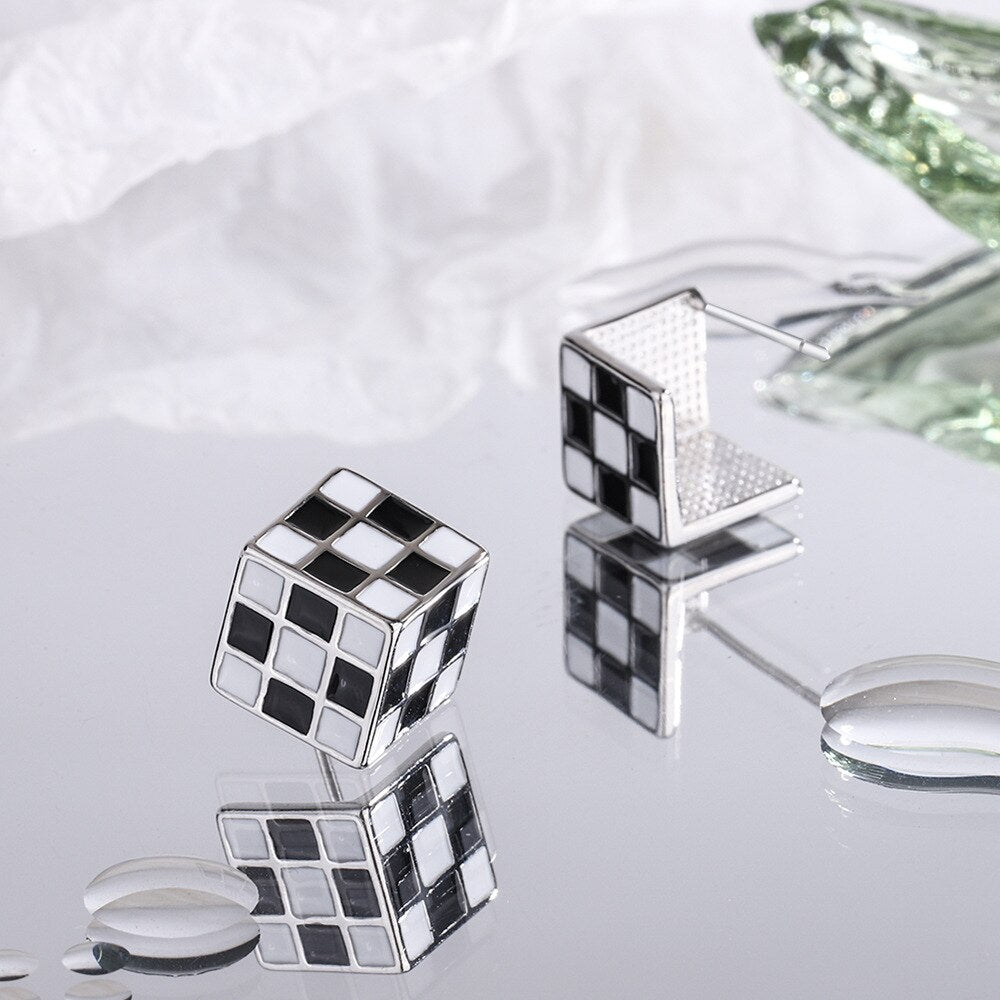 925 Stamp Silver Color Black White Lattice Square Stud Earrings For Women Wedding Party  Jewelry  GaaBou