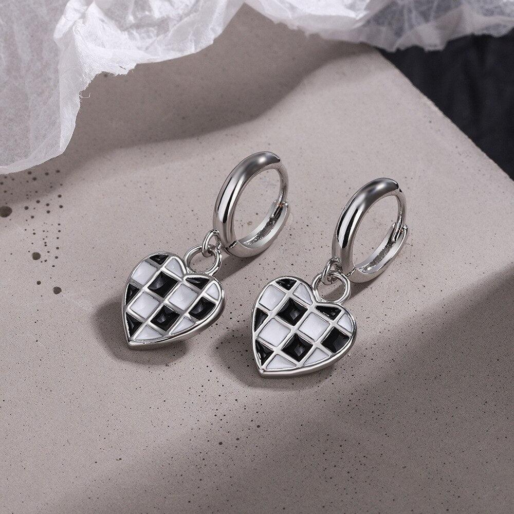 925 Stamp Silver Color Black White Lattice Stud Earrings Heart Pendants Earrings Wedding Trend Jewelry 2022 Gift GaaBou