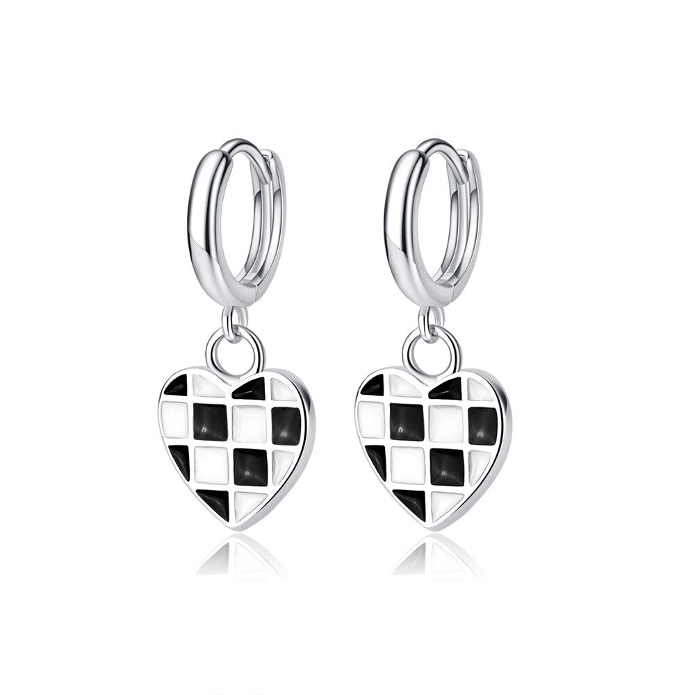 925 Stamp Silver Color Black White Lattice Stud Earrings Heart Pendants Earrings Wedding Trend Jewelry 2022 Gift GaaBou
