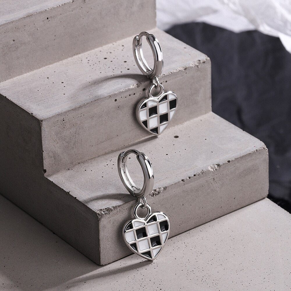 925 Stamp Silver Color Black White Lattice Stud Earrings Heart Pendants Earrings Wedding Trend Jewelry 2022 Gift GaaBou
