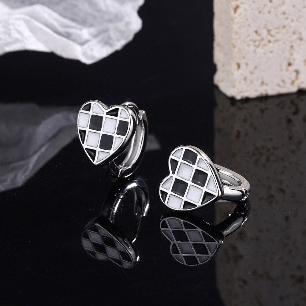 925 Stamp Silver Color Black White Lattice Stud Earrings Heart Ring Earrings Engagement Wedding Party Trend Jewelry 2022 Gift