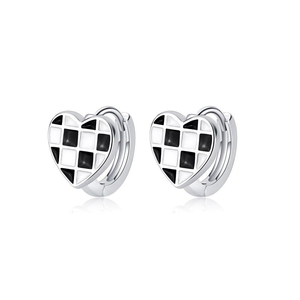 925 Stamp Silver Color Black White Lattice Stud Earrings Heart Ring Earrings Engagement Wedding Party Trend Jewelry 2022 Gift