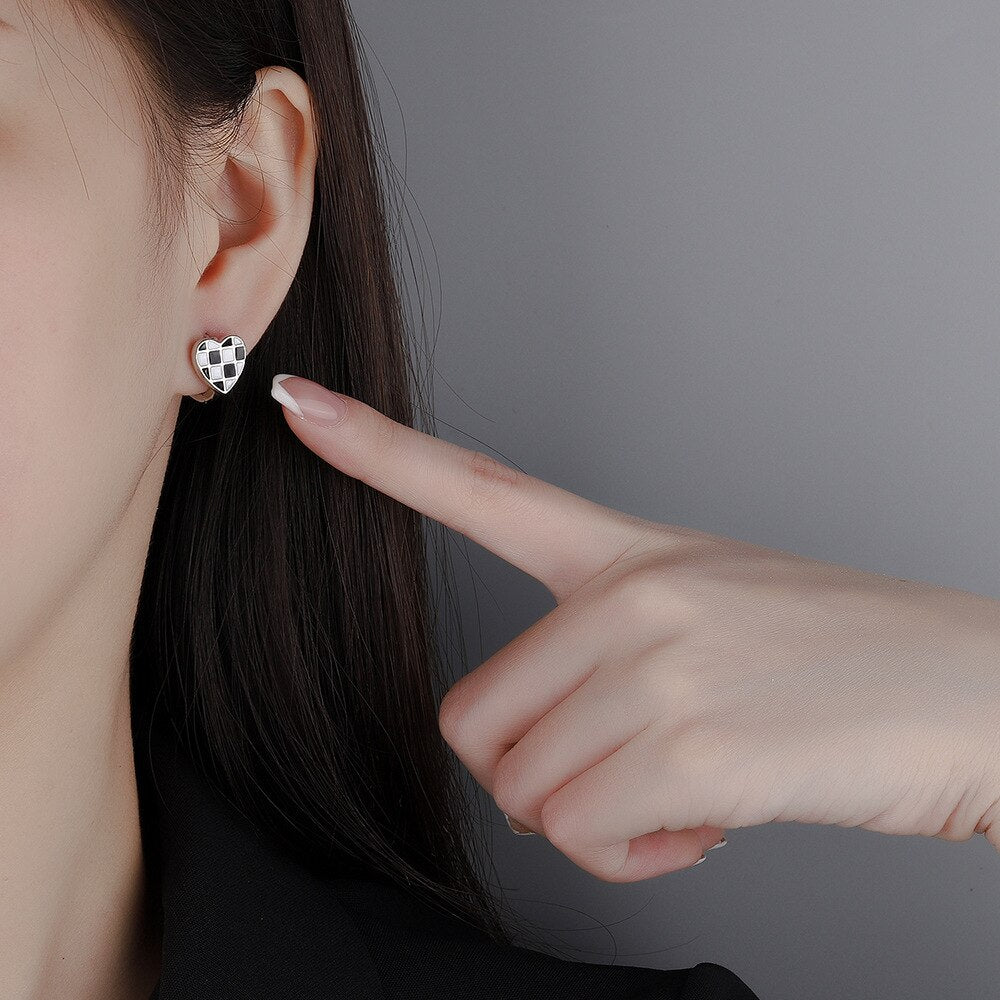 925 Stamp Silver Color Black White Lattice Stud Earrings Heart Ring Earrings Engagement Wedding Party Trend Jewelry 2022 Gift
