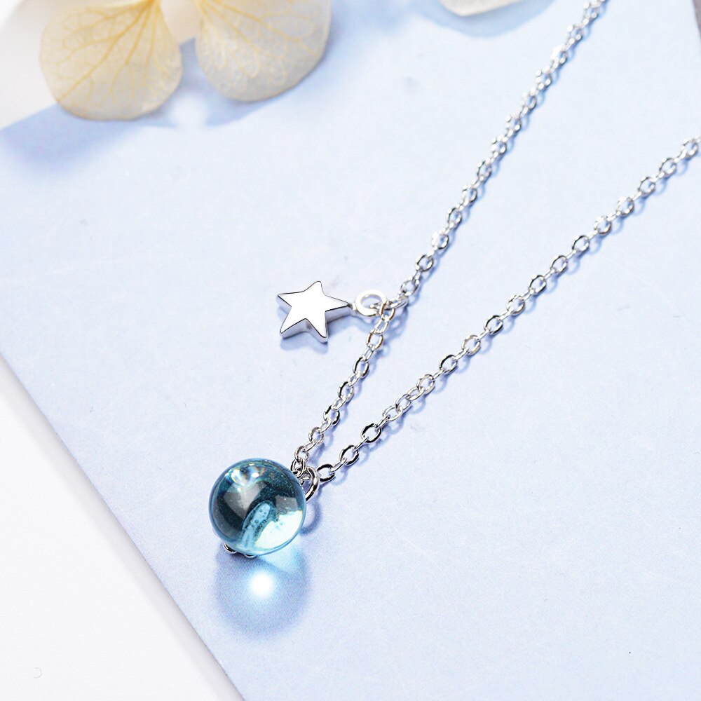 925 Stamp Silver Color Blue Round crystal Pendants and Necklace For Women Wedding party Girl Jewelry