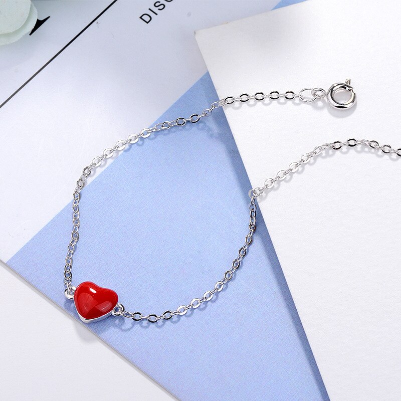 925 Stamp Silver Color Bracelet Anklet Red Love Ankle Peach Heart Chain Linked For Women Charm Bangle Jewelry Pulseira