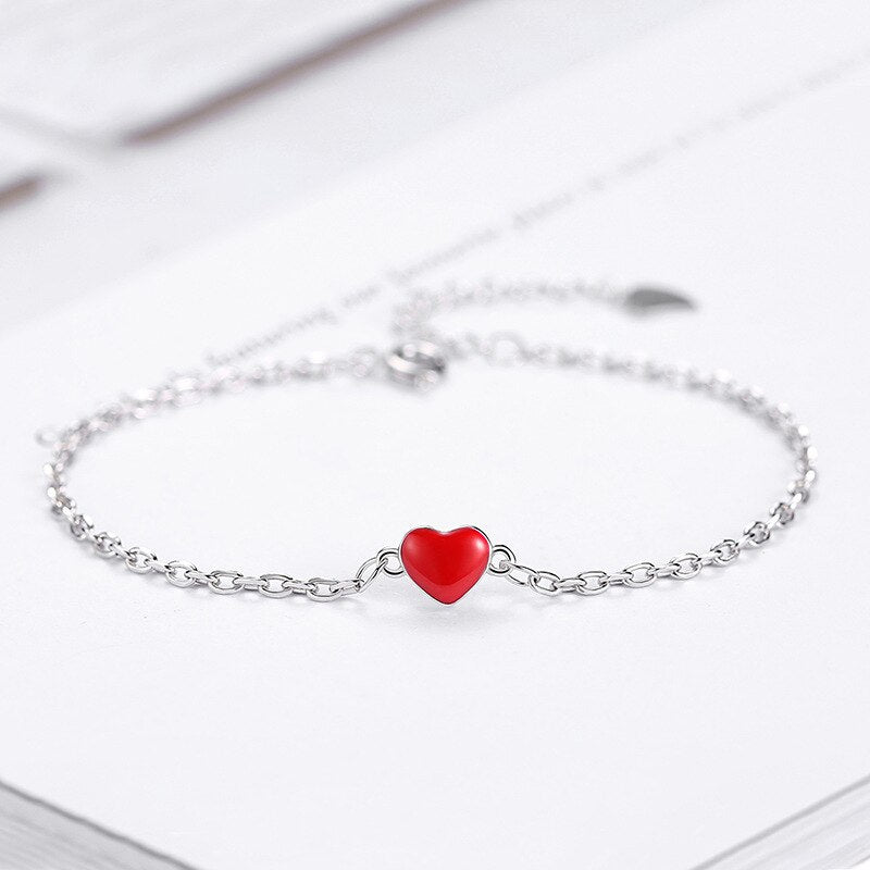 925 Stamp Silver Color Bracelet Anklet Red Love Ankle Peach Heart Chain Linked For Women Charm Bangle Jewelry Pulseira