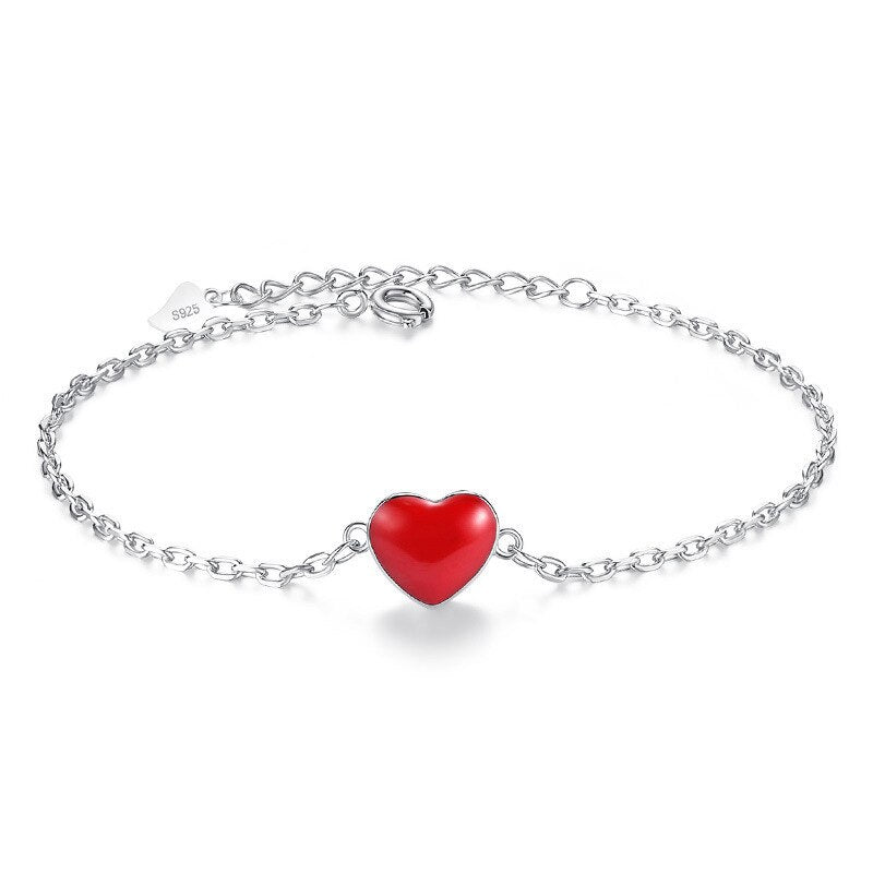 925 Stamp Silver Color Bracelet Anklet Red Love Ankle Peach Heart Chain Linked For Women Charm Bangle Jewelry Pulseira