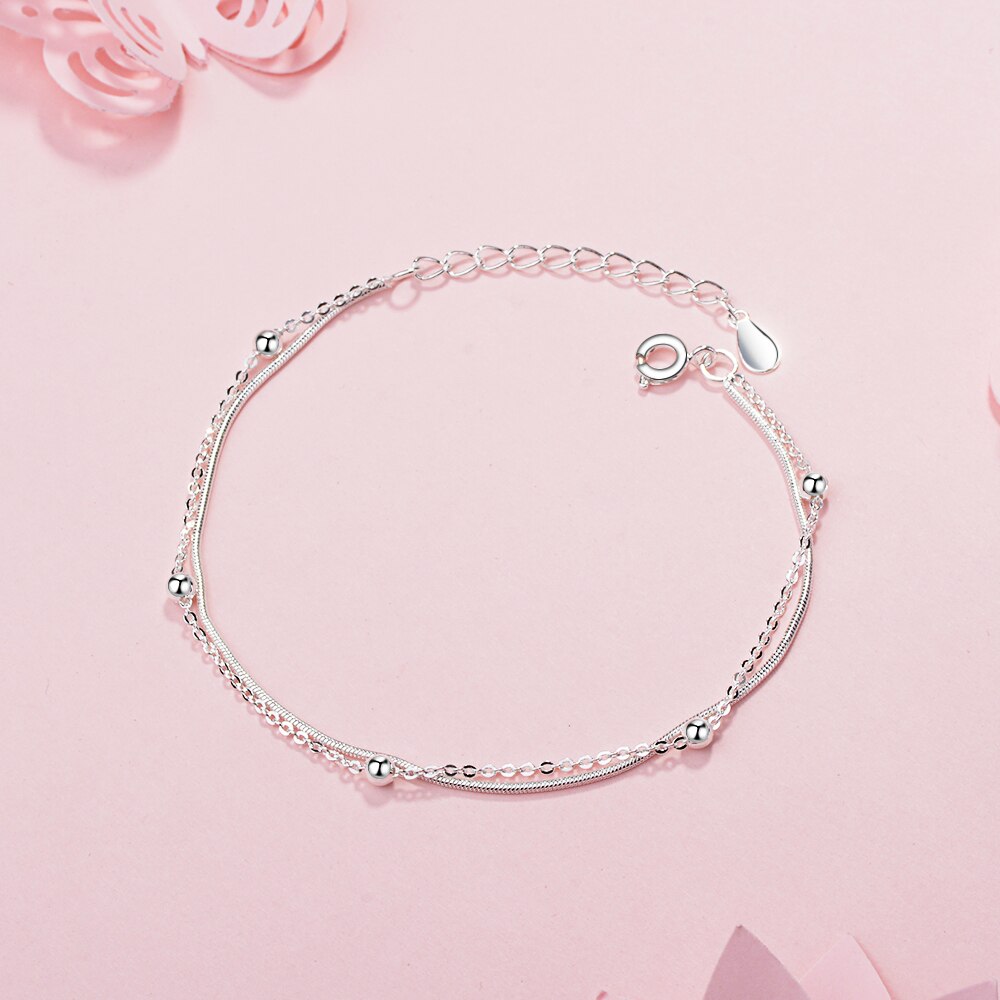 925 Stamp Silver Color Bracelet Double Layer Beads 16cm Chain Linked For Women Charm Bangle Jewelry Gift Pulseira Christmas