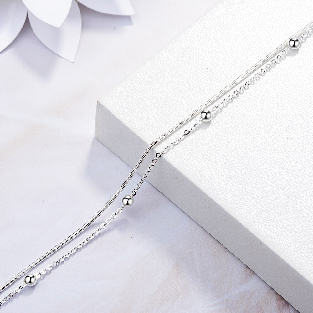 925 Stamp Silver Color Bracelet Double Layer Beads 16cm Chain Linked For Women Charm Bangle Jewelry Gift Pulseira Christmas