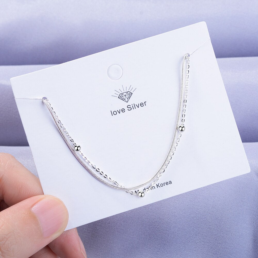 925 Stamp Silver Color Bracelet Double Layer Beads 16cm Chain Linked For Women Charm Bangle Jewelry Gift Pulseira Christmas