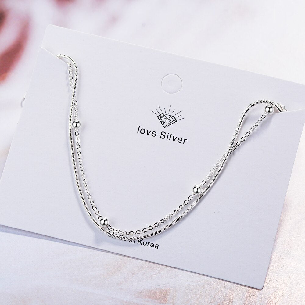 925 Stamp Silver Color Bracelet Double Layer Beads 16cm Chain Linked For Women Charm Bangle Jewelry Gift Pulseira Christmas