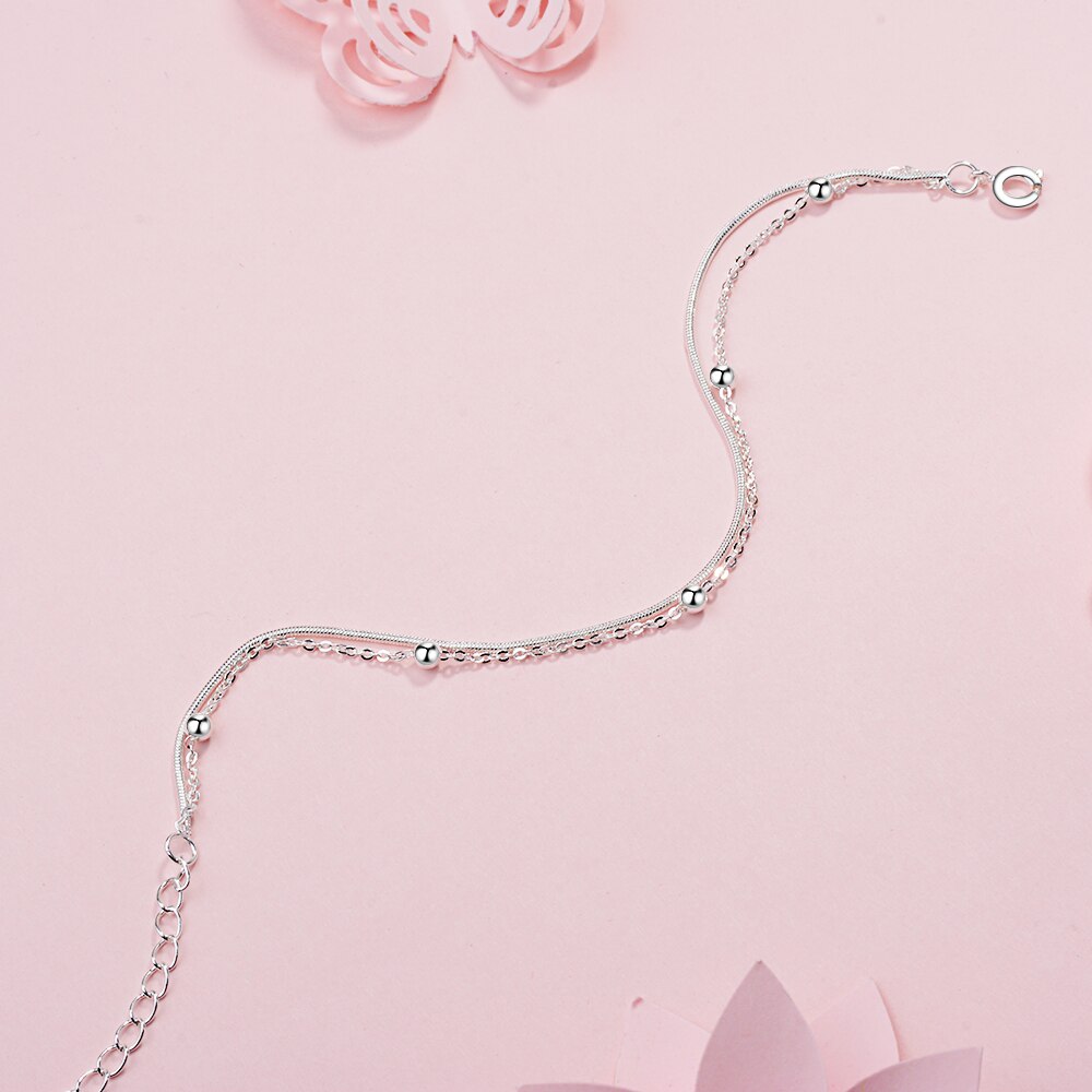 925 Stamp Silver Color Bracelet Double Layer Beads 16cm Chain Linked For Women Charm Bangle Jewelry Gift Pulseira Christmas