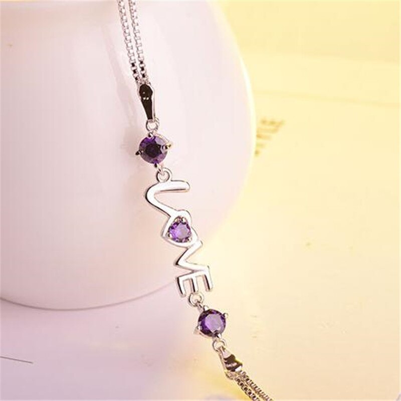 925 Stamp Silver Color Bracelet Heart Love Round Cubic Zirconia Double Chain Linked For Women Charm Bangle Jewelry Christmas