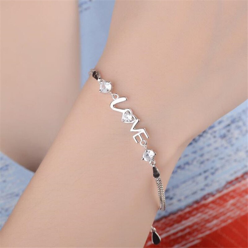 925 Stamp Silver Color Bracelet Heart Love Round Cubic Zirconia Double Chain Linked For Women Charm Bangle Jewelry Christmas